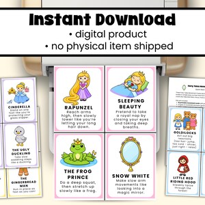 May include: A set of printable fairy tale movement cards with illustrations and instructions. The cards feature characters like Cinderella, Rapunzel, and Sleeping Beauty, with instructions for movement activities. The text "Instant Download" is at the top.