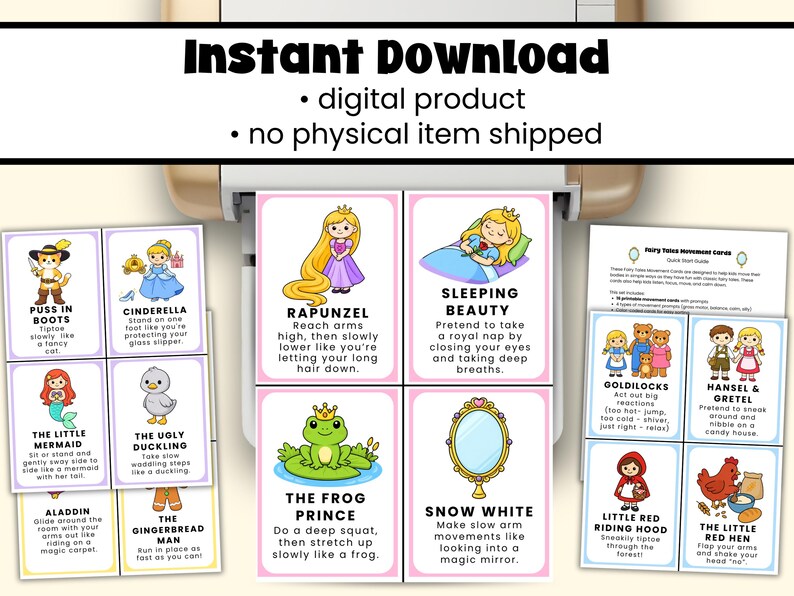 May include: A set of printable fairy tale movement cards with illustrations and instructions. The cards feature characters like Cinderella, Rapunzel, and Sleeping Beauty, with instructions for movement activities. The text "Instant Download" is at the top.