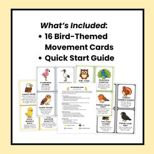 May include: A collection of 16 bird-themed movement cards and a quick start guide. The cards display colourful illustrations of different birds and their associated movements, including "Flamingo Stand" and "Eagle Soar". The text "What's Included" is at the top.