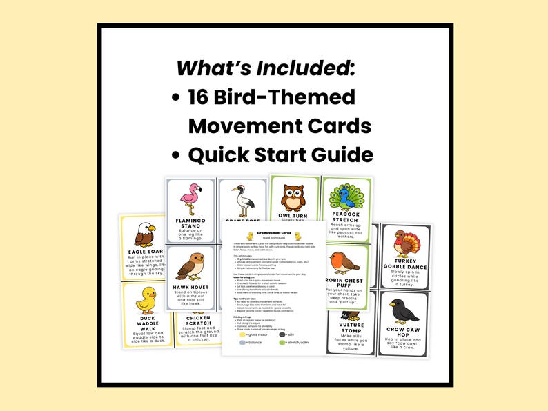 May include: A collection of 16 bird-themed movement cards and a quick start guide. The cards display colourful illustrations of different birds and their associated movements, including "Flamingo Stand" and "Eagle Soar". The text "What's Included" is at the top.