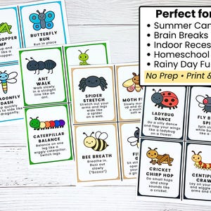 Pu&ograve; includere: Un set di flashcard colorate con insetti dei cartoni animati e azioni correlate, come "Salto della cavalletta" e "Corsa della farfalla". Le carte sono progettate per campi estivi, pause mentali e attivit&agrave; al chiuso. Il testo sulle carte include "No Prep &bull; Print & Go."
