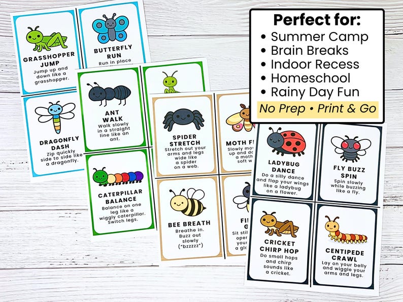 Pu&ograve; includere: Un set di flashcard colorate con insetti dei cartoni animati e azioni correlate, come "Salto della cavalletta" e "Corsa della farfalla". Le carte sono progettate per campi estivi, pause mentali e attivit&agrave; al chiuso. Il testo sulle carte include "No Prep &bull; Print & Go."