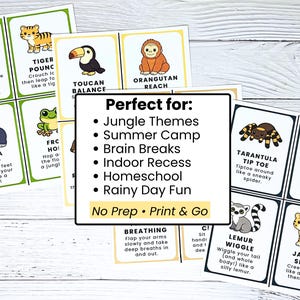 May include: A collection of colorful flashcards featuring cartoon animals and exercise instructions. The cards include illustrations of a monkey, tiger, toucan, orangutan, gorilla, frog, tarantula, tapir, lemur, and jaguar. Text on the cards includes "Monkey Jump" and "Gorilla Stomp".