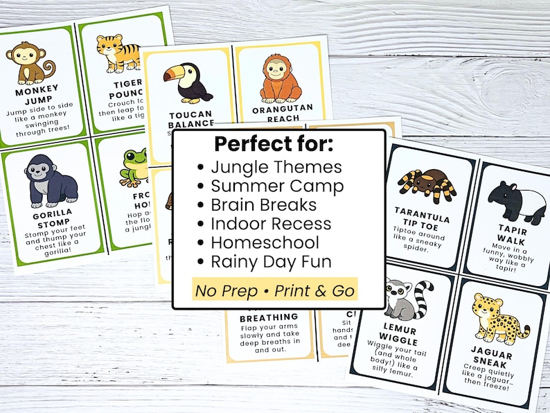May include: A collection of colorful flashcards featuring cartoon animals and exercise instructions. The cards include illustrations of a monkey, tiger, toucan, orangutan, gorilla, frog, tarantula, tapir, lemur, and jaguar. Text on the cards includes "Monkey Jump" and "Gorilla Stomp".
