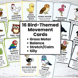 May include: A set of 16 bird-themed movement cards, each with a different bird illustration and exercise instructions. Exercises include "Eagle Soar" and "Chicken Scratch." The cards promote gross motor skills, balance, and fun activities.