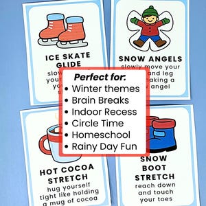 Puede incluir: Cuatro tarjetas ilustradas con actividades tem&aacute;ticas de invierno. Las tarjetas incluyen im&aacute;genes de patines de hielo, un &aacute;ngel de nieve, una taza de cacao y botas de nieve. El texto en las tarjetas describe cada actividad. Ideal para temas de invierno, descansos mentales y recreo interior.