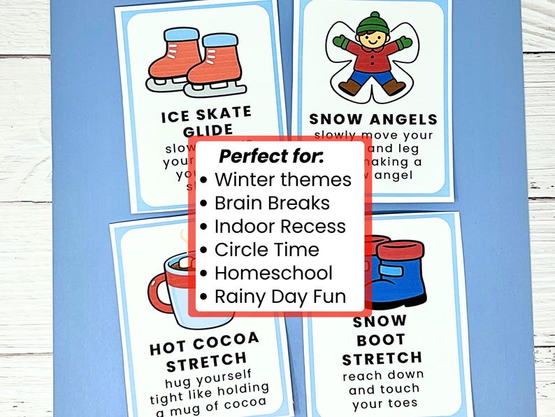 Puede incluir: Cuatro tarjetas ilustradas con actividades tem&aacute;ticas de invierno. Las tarjetas incluyen im&aacute;genes de patines de hielo, un &aacute;ngel de nieve, una taza de cacao y botas de nieve. El texto en las tarjetas describe cada actividad. Ideal para temas de invierno, descansos mentales y recreo interior.