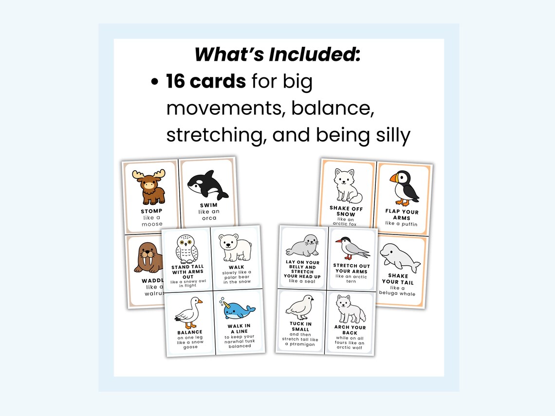 Arctic Animals Movement Cards for Kids | Indoor Brain Breaks and Gross ...