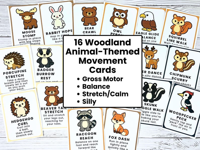 Pu&ograve; includere: Un set di 16 schede di movimento a tema animali del bosco. Ogni scheda presenta un'illustrazione di un animale e istruzioni per attivit&agrave; di motricit&agrave; grossa, equilibrio, stretching e azioni divertenti. Progettato per i bambini.