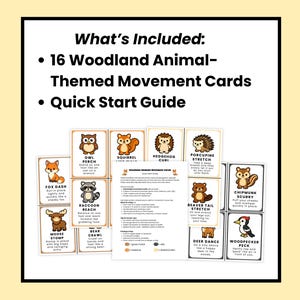 Pu&ograve; includere: Un set di 16 carte di movimento a tema animali del bosco, con illustrazioni di animali come una volpe, un gufo, uno scoiattolo e un procione. Include una guida rapida. Carte per attivit&agrave;.