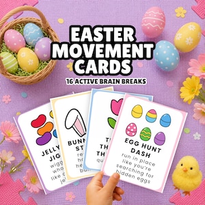 May include: Easter Movement Cards with 16 Active Brain Breaks. The cards feature colorful illustrations and text, including "Jelly Jig" and "Egg Hunt Dash." Decorative Easter eggs and a basket of eggs are also visible.