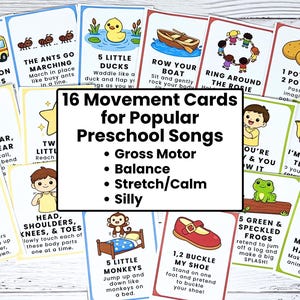 K&ouml;nnte beinhalten: Eine Sammlung von 16 Bewegungskarten f&uuml;r beliebte Kindergartensongs. Jede Karte zeigt farbenfrohe Illustrationen und Anweisungen f&uuml;r Aktivit&auml;ten wie "Wheels on the Bus", "Teddy Bear" und "Itsy Bitsy Spider". Die Karten f&ouml;rdern grobmotorische F&auml;higkeiten, Gleichgewicht und Dehnung.