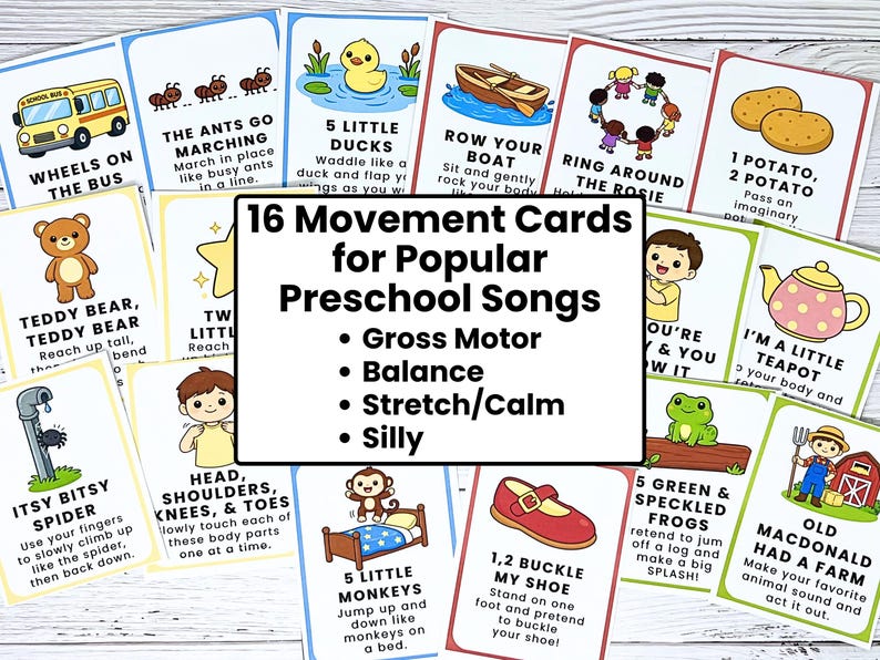 K&ouml;nnte beinhalten: Eine Sammlung von 16 Bewegungskarten f&uuml;r beliebte Kindergartensongs. Jede Karte zeigt farbenfrohe Illustrationen und Anweisungen f&uuml;r Aktivit&auml;ten wie "Wheels on the Bus", "Teddy Bear" und "Itsy Bitsy Spider". Die Karten f&ouml;rdern grobmotorische F&auml;higkeiten, Gleichgewicht und Dehnung.