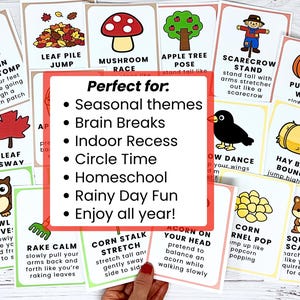 Op de afbeelding: Een verzameling kleurrijke flashcards met herfstthema-illustraties en tekstprompts voor bewegingsactiviteiten. Kaarten tonen pompoenen, bladeren, paddenstoelen en vogelverschrikkers. De tekst op de kaarten bevat zinnen als "Pumpkin Patch Stomp" en "Leaf Pile Jump".