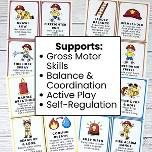 May include: A collection of colorful flashcards with illustrations and text related to fire safety and gross motor skills. The cards feature images of firefighters and instructions for various activities, such as crawling, running, and breathing exercises. The cards support gross motor skills, balance, coordination, active play, and self-regulation.