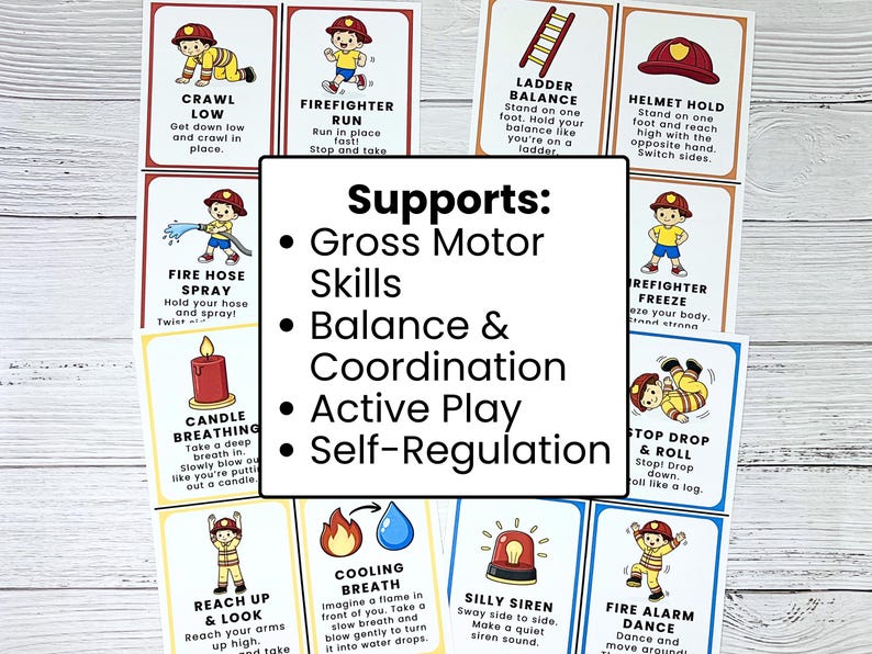 May include: A collection of colorful flashcards with illustrations and text related to fire safety and gross motor skills. The cards feature images of firefighters and instructions for various activities, such as crawling, running, and breathing exercises. The cards support gross motor skills, balance, coordination, active play, and self-regulation.