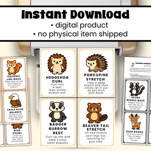 Pu&ograve; includere: Un set di carte illustrate con esercizi a tema animali del bosco. Ogni carta presenta un animale diverso, come un gufo, uno scoiattolo o un riccio, con istruzioni per un movimento corrispondente. Il testo "Download istantaneo" &egrave; in alto.
