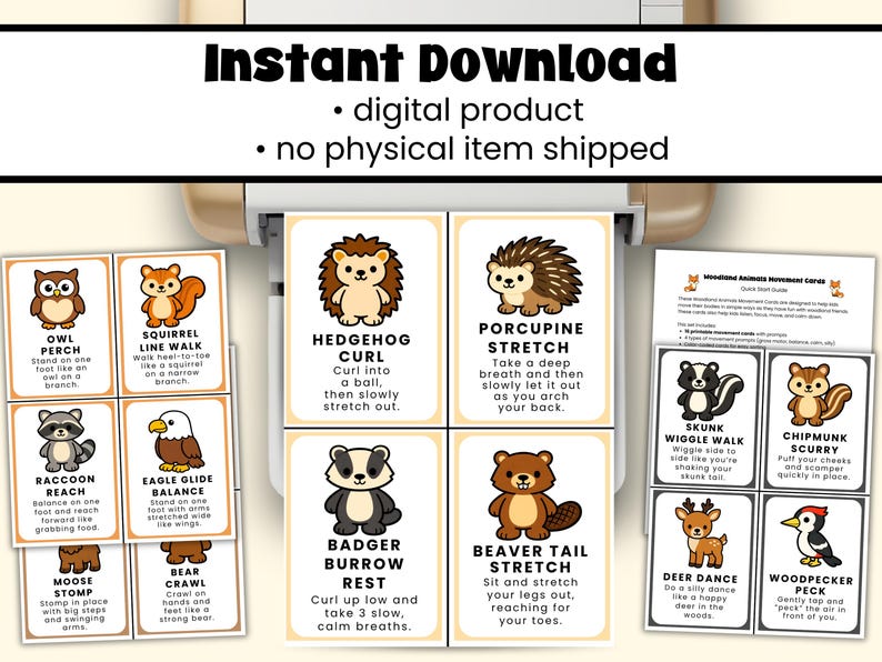 Pu&ograve; includere: Un set di carte illustrate con esercizi a tema animali del bosco. Ogni carta presenta un animale diverso, come un gufo, uno scoiattolo o un riccio, con istruzioni per un movimento corrispondente. Il testo "Download istantaneo" &egrave; in alto.