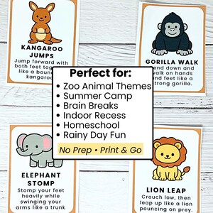 Op de afbeelding: Educatieve flashcards met cartoon dieren: een kangoeroe, gorilla, olifant en leeuw. Elke kaart heeft een dierennnaam en bewegingsinstructies. Ideaal voor dierenthema's, zomerkampen en binnenactiviteiten. Klaar om te printen.