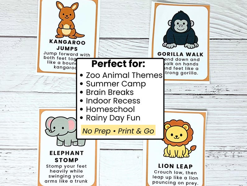Op de afbeelding: Educatieve flashcards met cartoon dieren: een kangoeroe, gorilla, olifant en leeuw. Elke kaart heeft een dierennnaam en bewegingsinstructies. Ideaal voor dierenthema's, zomerkampen en binnenactiviteiten. Klaar om te printen.