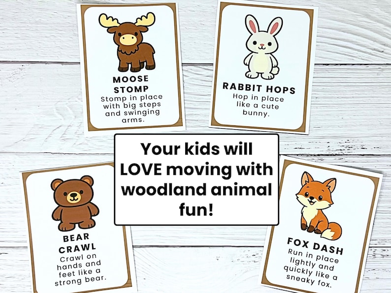 Pu&ograve; includere: Set di quattro carte attivit&agrave; con animali del bosco: un alce, un coniglio, un orso e una volpe. Ogni carta ha un'illustrazione e le istruzioni per un'attivit&agrave; di movimento. Una carta centrale recita: "I tuoi bambini AMERANNO muoversi con il divertimento degli animali del bosco!"