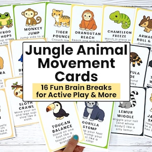May include: A collection of colorful cards featuring jungle animal illustrations and movement instructions. The cards include actions like "Frog Hops," "Monkey Jump," and "Jaguar Sneak." The central card reads "Jungle Animal Movement Cards."