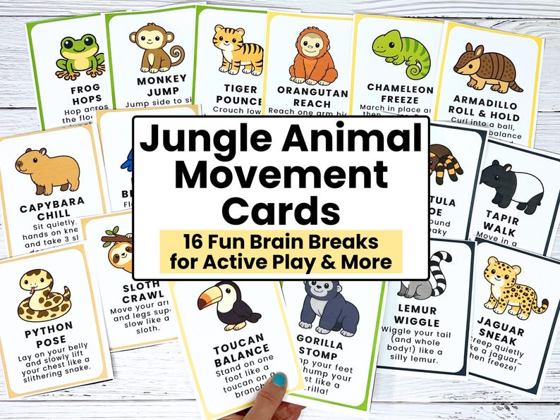 May include: A collection of colorful cards featuring jungle animal illustrations and movement instructions. The cards include actions like "Frog Hops," "Monkey Jump," and "Jaguar Sneak." The central card reads "Jungle Animal Movement Cards."