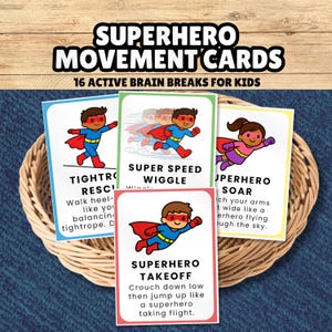 Puede incluir: Un conjunto de dieciséis tarjetas de movimiento de superhéroes con ilustraciones coloridas de niños con disfraces de superhéroes. Cada tarjeta muestra una actividad física específica, como Super Speed Wiggle, Super Hero Soar y Super Hero Takeoff, con instrucciones para pausas activas.