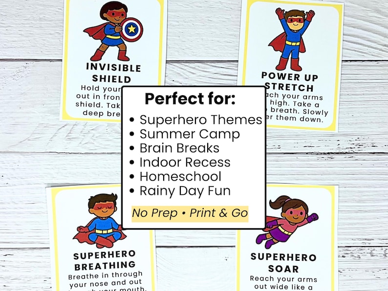May include: Four superhero-themed cards with illustrations and text. Each card features a different superhero pose and instructions for activities like "Invisible Shield" and "Power Up Stretch." The cards are designed for summer camp, brain breaks, and indoor activities.