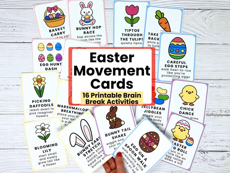 May include: A collection of Easter Movement Cards with colorful illustrations and text. The cards feature various activities like "Bunny Hop Race," "Egg Hunt Dash," and "Chick Dance." The central card reads "Easter Movement Cards: 16 Printable Brain Break Activities."