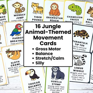 May include: Set of 16 jungle animal-themed movement cards. Each card features a different animal illustration and exercise, such as frog hops, monkey jump, and tiger pounce. The cards promote gross motor skills, balance, and stretching.