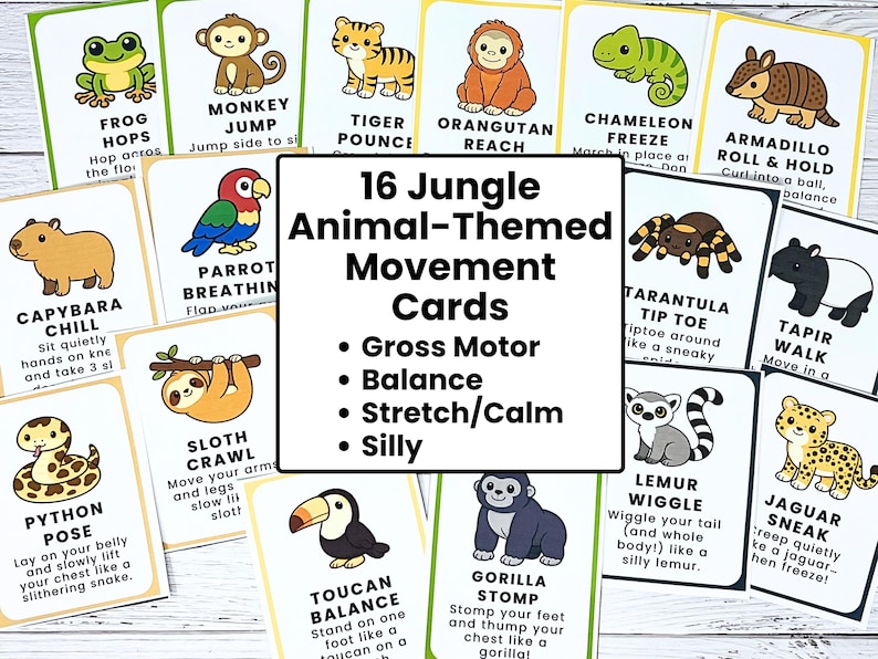 May include: Set of 16 jungle animal-themed movement cards. Each card features a different animal illustration and exercise, such as frog hops, monkey jump, and tiger pounce. The cards promote gross motor skills, balance, and stretching.