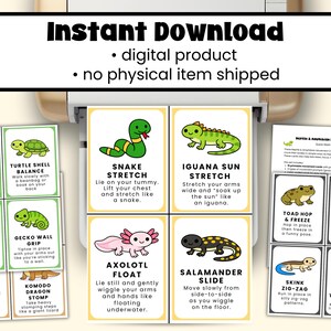 May include: A set of printable cards featuring reptile and amphibian movement exercises. Each card has a cartoon illustration of a reptile or amphibian and instructions for the exercise. The cards are designed for children.
