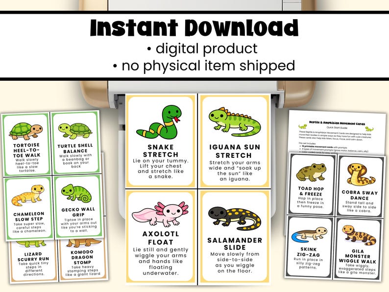 May include: A set of printable cards featuring reptile and amphibian movement exercises. Each card has a cartoon illustration of a reptile or amphibian and instructions for the exercise. The cards are designed for children.