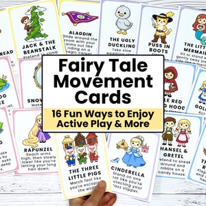 May include: A collection of colorful fairy tale movement cards. Each card features a different fairy tale character and an associated action, such as "The Gingerbread" or "Sleeping Beauty." The cards are designed for active play and include text.