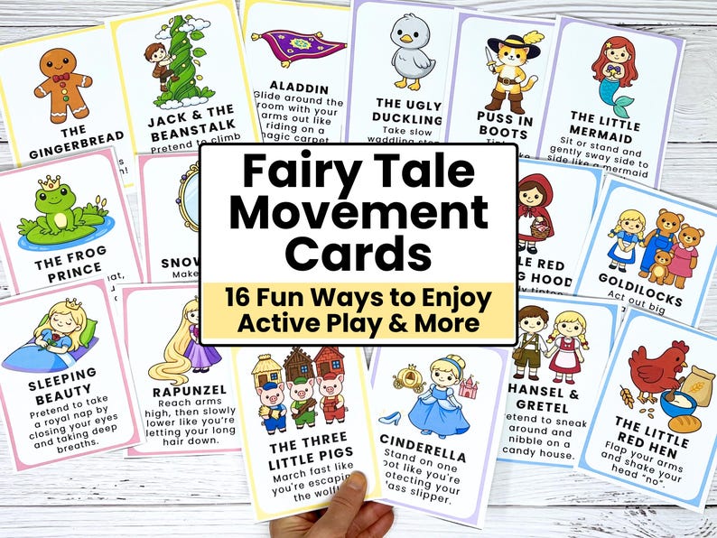 May include: A collection of colorful fairy tale movement cards. Each card features a different fairy tale character and an associated action, such as "The Gingerbread" or "Sleeping Beauty." The cards are designed for active play and include text.