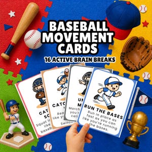 May include: Baseball Movement Cards with 16 Active Brain Breaks. The image shows baseball-themed items, including a bat, ball, glove, and cards with baseball player illustrations and instructions. A trophy and baseball cap are also visible.