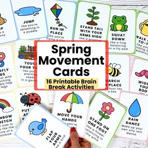 May include: A collection of 16 Spring Movement Cards with colorful illustrations and instructions for brain break activities. Each card features a different movement, such as hopping like a bunny or flapping your arms like a bird. The cards are designed for children.