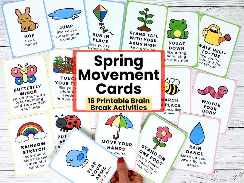 May include: A collection of 16 Spring Movement Cards with colorful illustrations and instructions for brain break activities. Each card features a different movement, such as hopping like a bunny or flapping your arms like a bird. The cards are designed for children.
