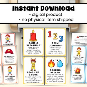 May include: A set of printable fire safety movement cards with illustrations and instructions. The cards feature a firefighter theme and include activities like "Crawl," "Ladder Balance," and "Fire Alarm Dance." The words "Instant Download" are at the top.