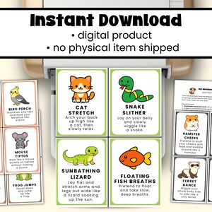 May include: A set of illustrated pet movement cards with instructions. The cards feature colorful cartoon animals like a cat, snake, and lizard, with text describing each exercise. The words "Instant Download" are at the top.