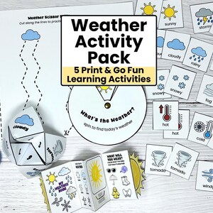 Puede incluir: Un paquete de actividades meteorológicas con diversas actividades de aprendizaje. Incluye tarjetas del tiempo, una ruleta, un folleto y una actividad de corte. El paquete presenta ilustraciones de condiciones meteorológicas soleadas, nubladas, lluviosas, con nieve y viento.