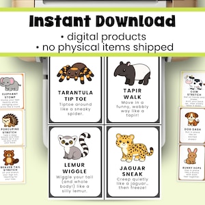 May include: A set of printable animal-themed exercise cards. Each card features a cartoon animal and a corresponding exercise, such as "Tarantula Tip Toe" and "Jaguar Sneak." The cards are designed as a digital download, with no physical items shipped.
