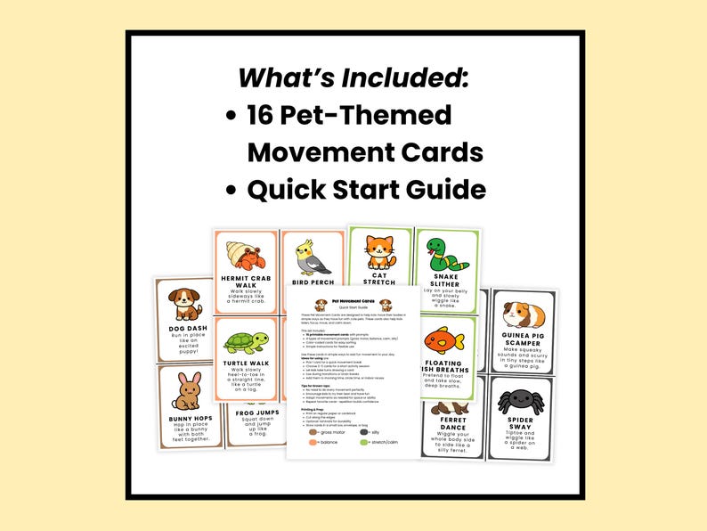 May include: A set of 16 pet-themed movement cards and a quick start guide. Each card features a different animal with instructions for a corresponding exercise. The cards are designed with colorful illustrations and easy-to-read text.