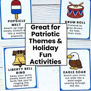 May include: Cards with patriotic themes and holiday fun activities. The cards feature illustrations of a popsicle, drum, Liberty Bell, and eagle. Text on the cards includes "Popsicle Melt," "Drum Roll," "Liberty Bell Ring," and "Eagle Soar."