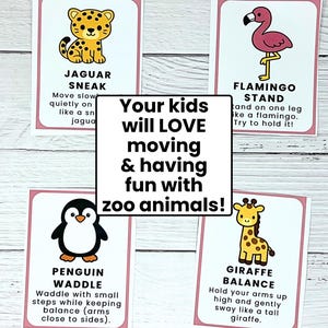 Op de afbeelding: Kaarten met illustraties van dierentuindieren en bewegingsinstructies. De kaarten tonen een jaguar, een flamingo, een pingu&iuml;n en een giraffe. De tekst op de kaarten luidt: "Uw kinderen zullen het GEWELDIG vinden om te bewegen en plezier te hebben met dierentuindieren!"