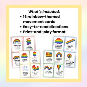 May include: A collection of 16 rainbow-themed movement cards with clear instructions, designed for print-and-play use. The cards display colourful illustrations and phrases such as "Jump High" and "Spin Around".