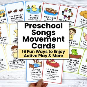 K&ouml;nnte beinhalten: Eine Sammlung farbenfroher Vorschul-Lieder- und Bewegungskarten. Jede Karte zeigt einen Songtitel, Illustrationen und Anweisungen f&uuml;r aktives Spielen. Die Karten sollen Kinder in spielerische und lehrreiche Aktivit&auml;ten einbeziehen. Der Text auf den Karten lautet "Preschool Songs Movement Cards".