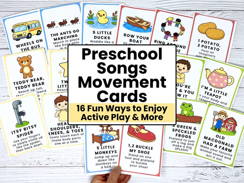 K&ouml;nnte beinhalten: Eine Sammlung farbenfroher Vorschul-Lieder- und Bewegungskarten. Jede Karte zeigt einen Songtitel, Illustrationen und Anweisungen f&uuml;r aktives Spielen. Die Karten sollen Kinder in spielerische und lehrreiche Aktivit&auml;ten einbeziehen. Der Text auf den Karten lautet "Preschool Songs Movement Cards".