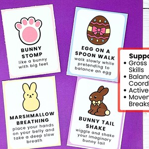 May include: Four Easter-themed activity cards on a purple background. Each card features a different illustration and instructions for activities like "Bunny Stomp" and "Egg on a Spoon Walk." A red box lists the benefits of the activities.